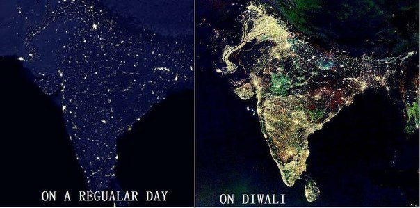 Индия в обычную ночь и ночь праздника Дивали