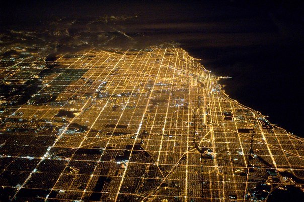 Ночной Чикаго... Вид с борта самолета