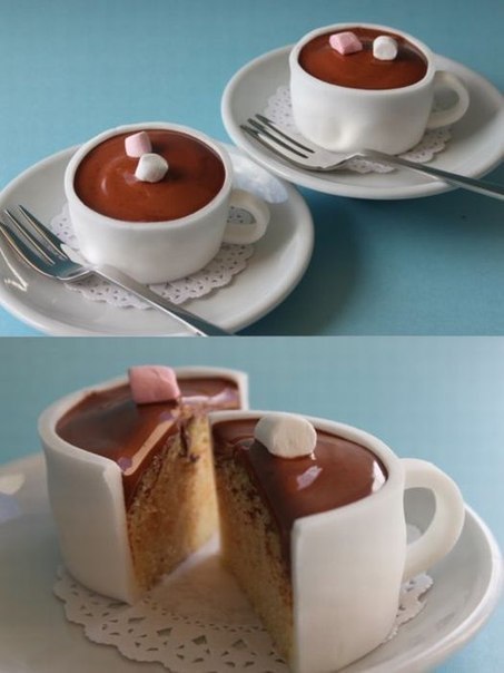Пирожное в виде чашки с горячим шоколадом.